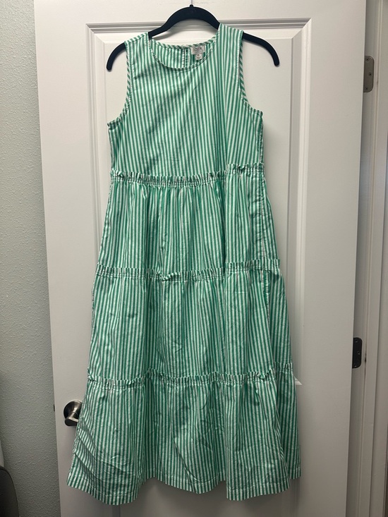 J. Crew Women's Green and White Striped Tiered Midi Dress - Picture 2 of 7